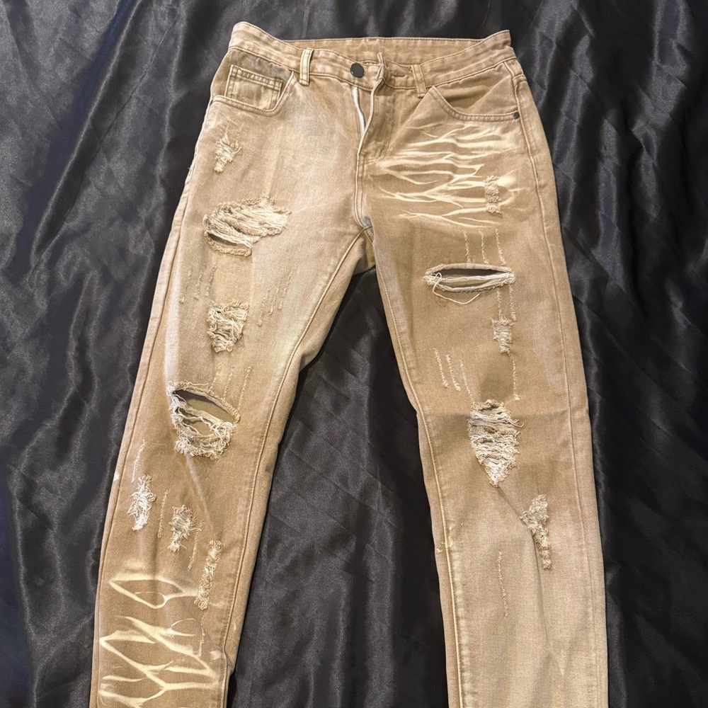 Beige Distressed Slim-Fit Jeans with Bleach Wash Details